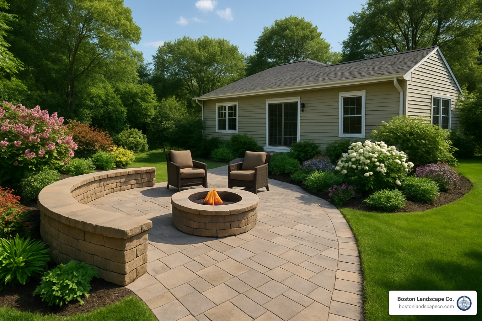 completed backyard paradise with multiple hardscape features - hardscape landscapers near me