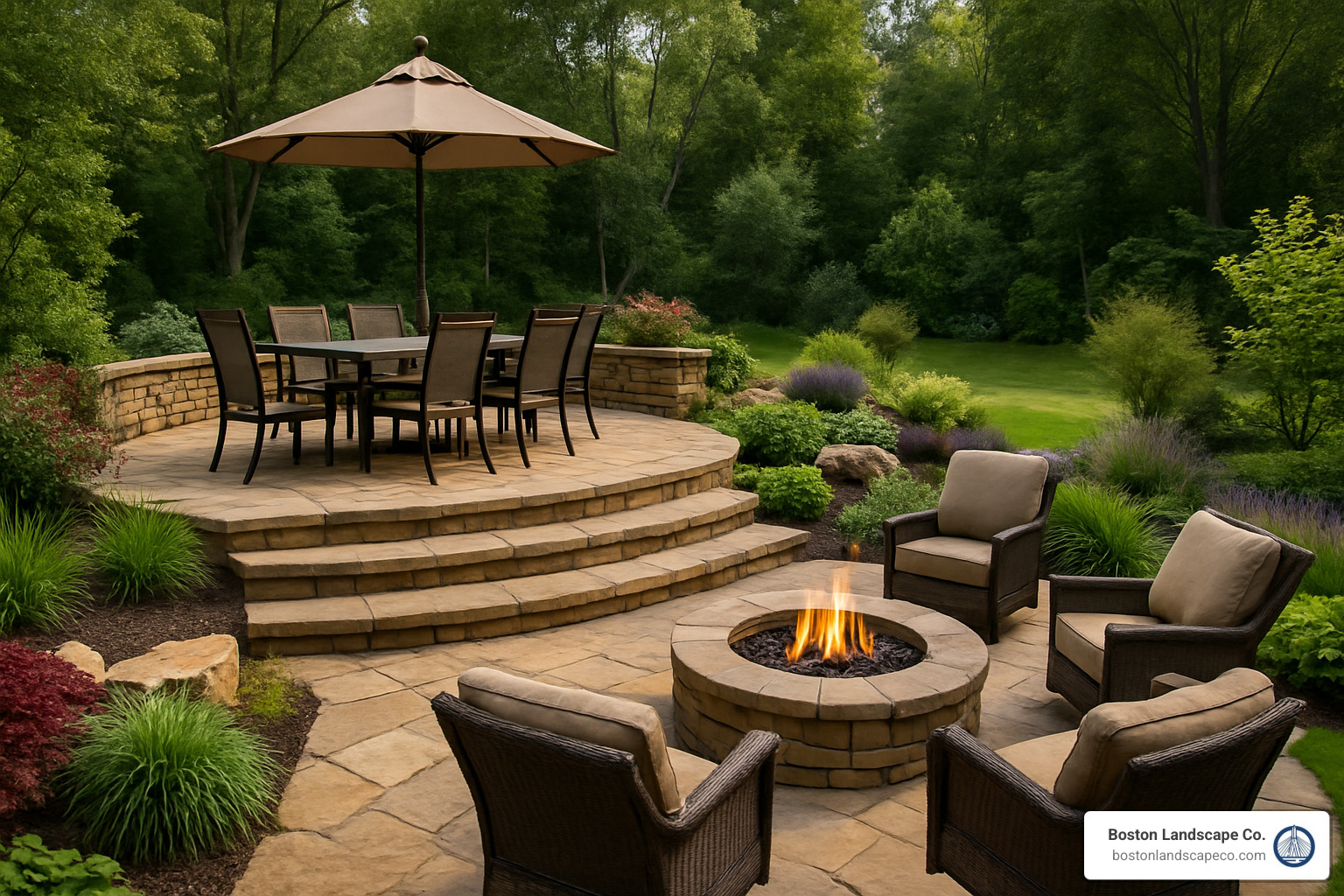 multi-level stone patio with dining area and fire pit - hardscape landscapers near me