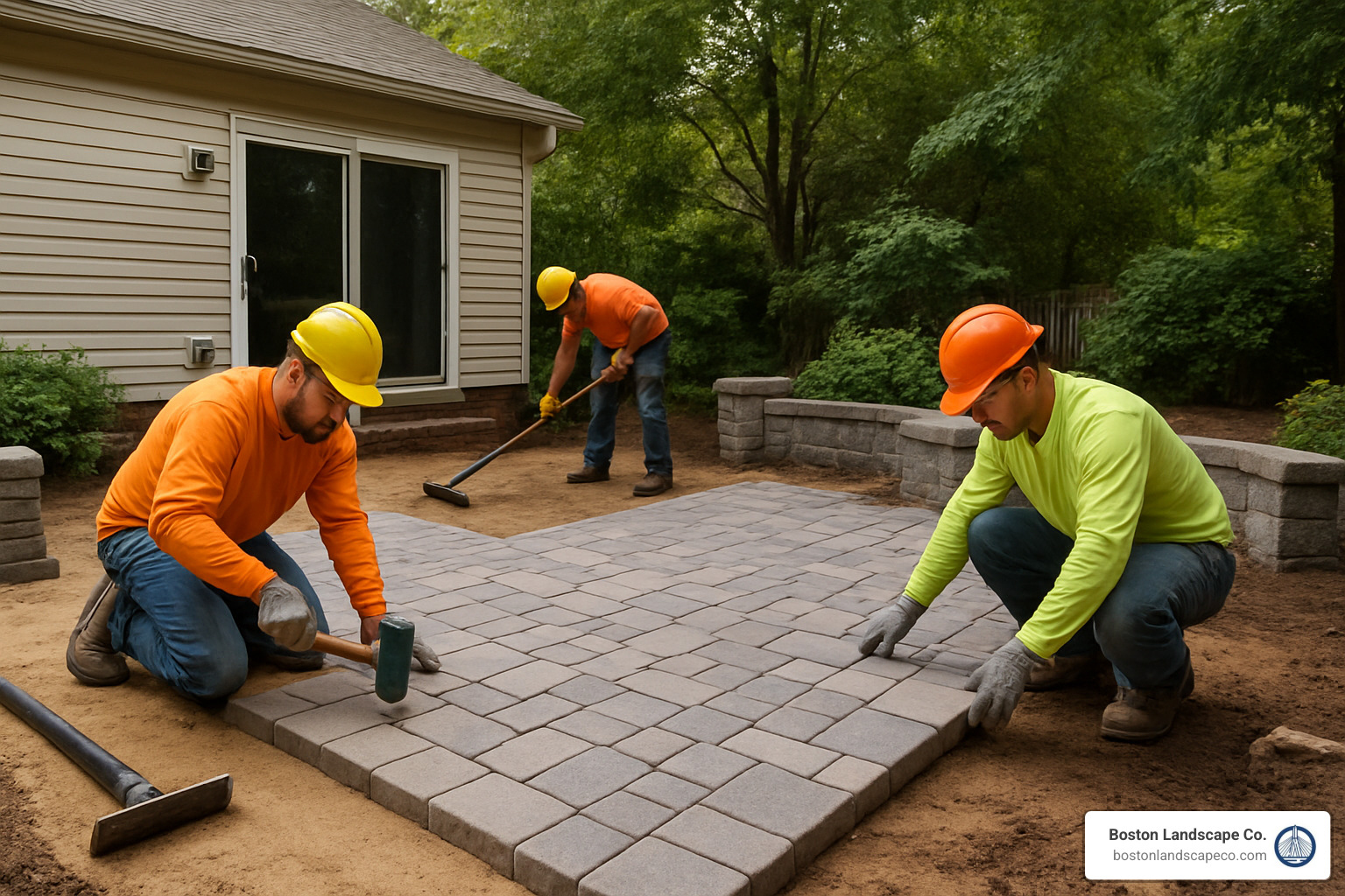 professional hardscape landscapers working on a patio installation - hardscape landscapers near me