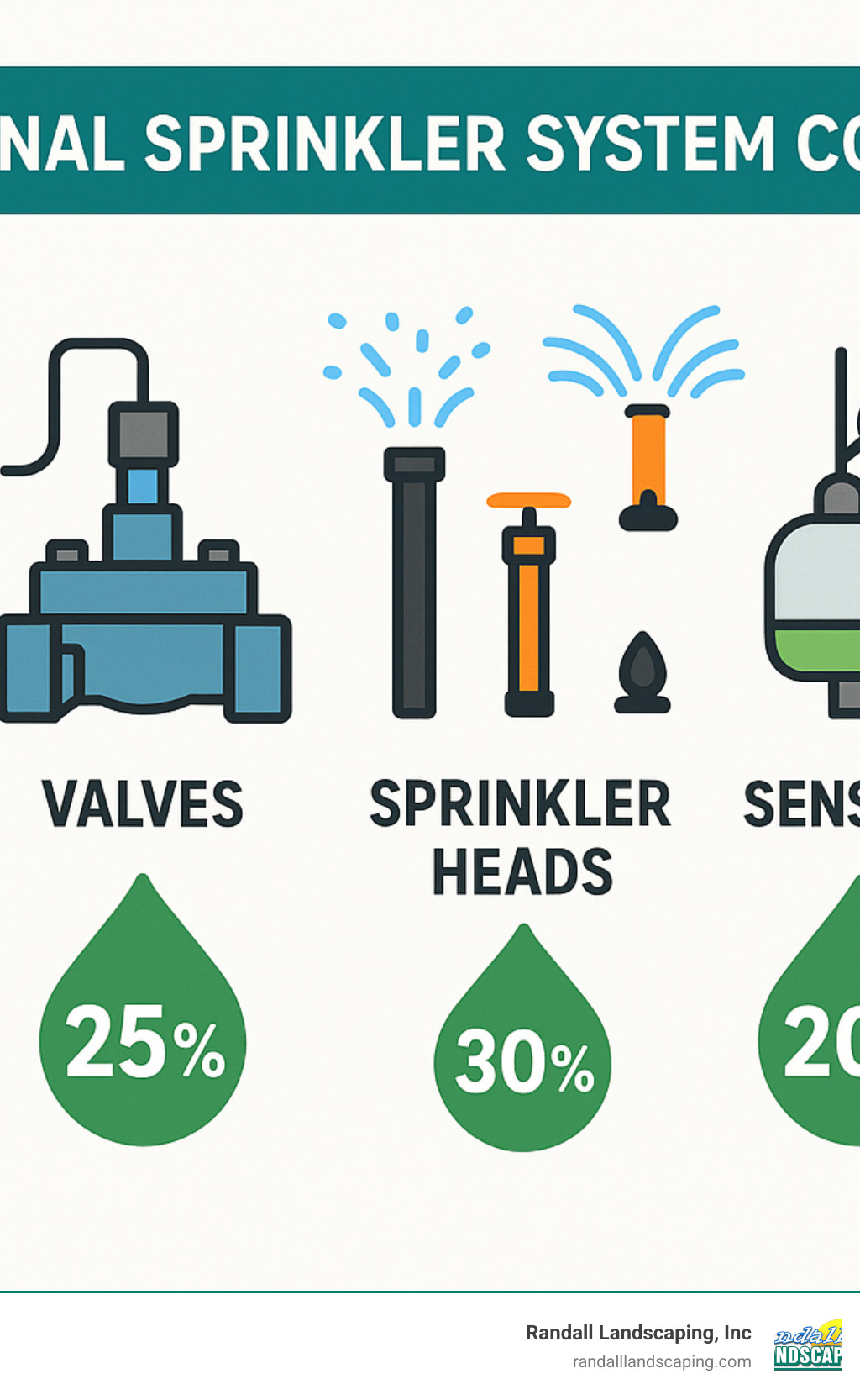 Professional sprinkler system components showing controllers, valves, various sprinkler heads, sensors, and water-saving features with estimated water savings percentages for each component - professional sprinkler system infographic 