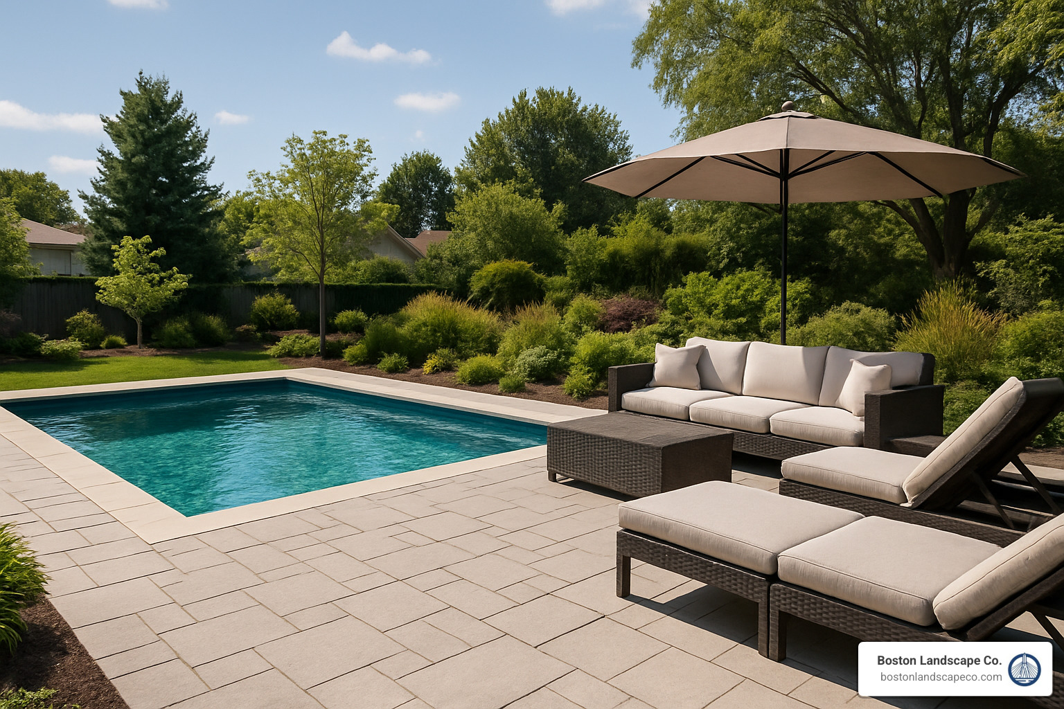 modern pool deck with coping stones and lounging area - hardscape landscapers near me