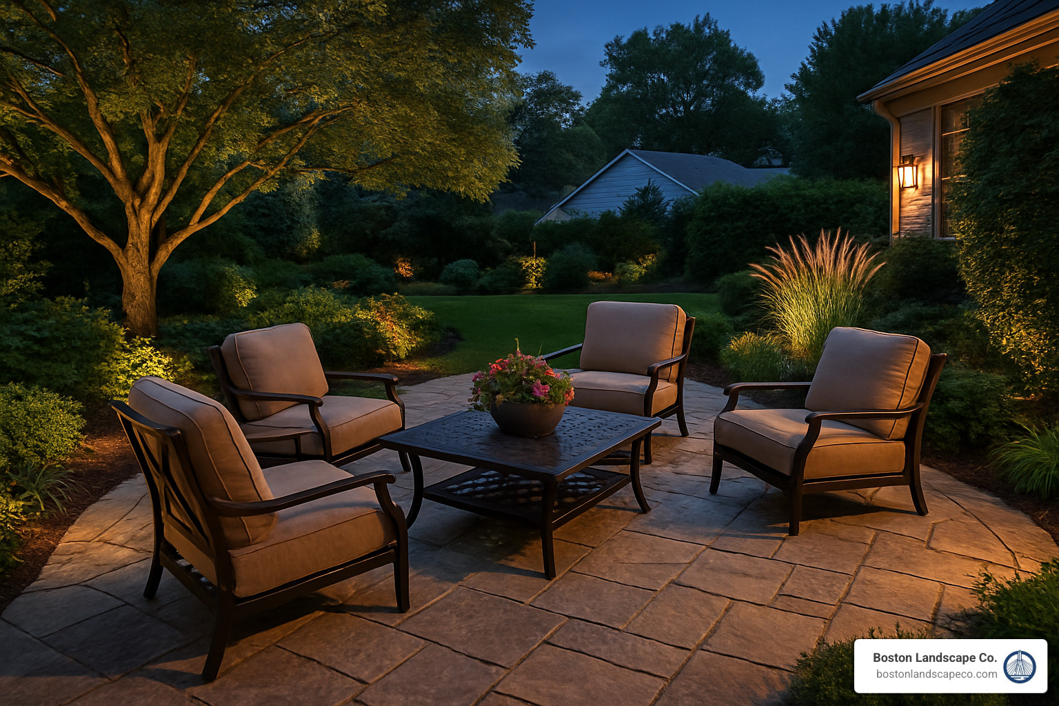 beautiful stone patio with outdoor seating area - hardscape landscapers near me