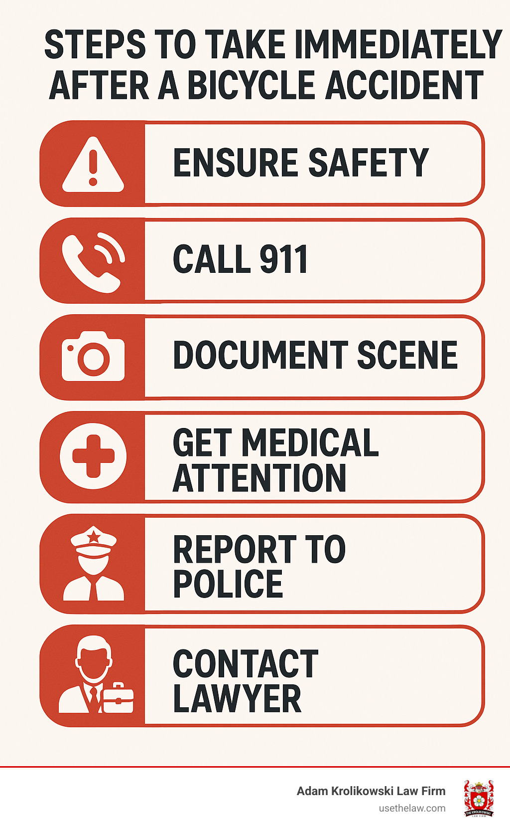 Steps to take immediately after a bicycle accident showing: 1. Ensure safety, 2. Call 911, 3. Document scene, 4. Get medical attention, 5. Report to police, 6. Contact lawyer - bike accident lawyer near me infographic 