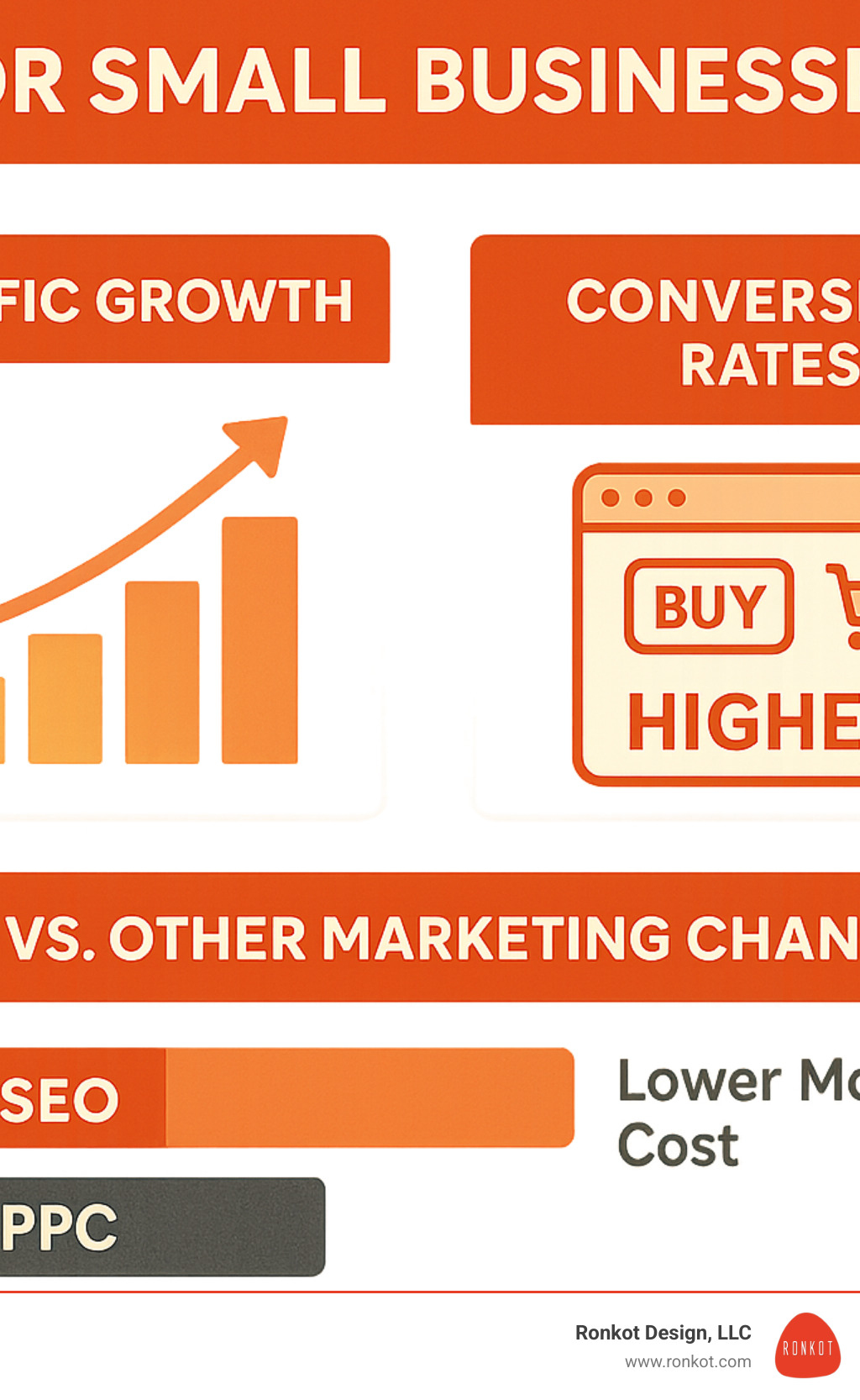 SEO ROI for small businesses showing traffic growth, conversion rates, and cost comparison with other marketing channels - seo service for small business infographic
