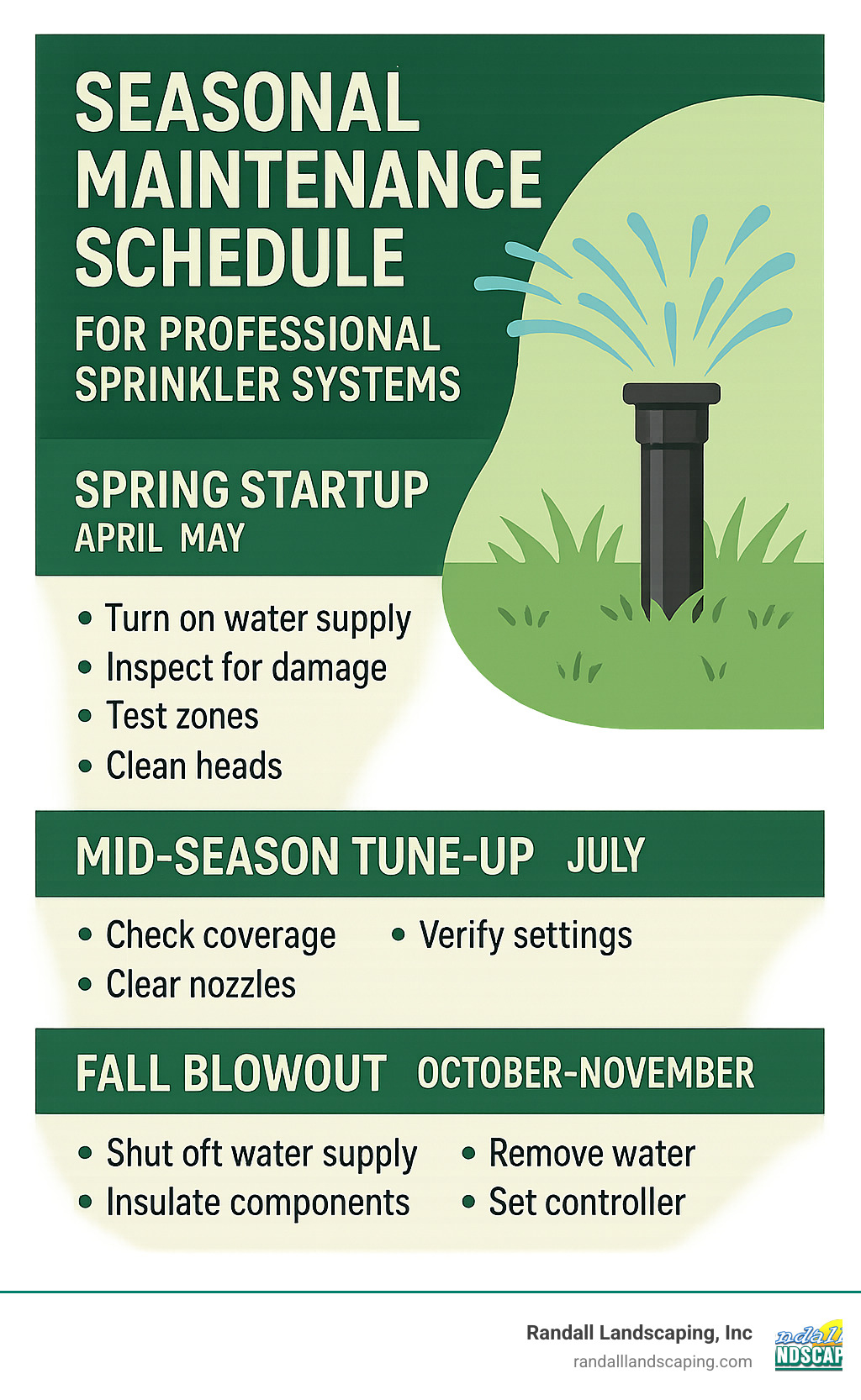Seasonal maintenance schedule for professional sprinkler systems showing tasks by month - professional sprinkler system infographic 