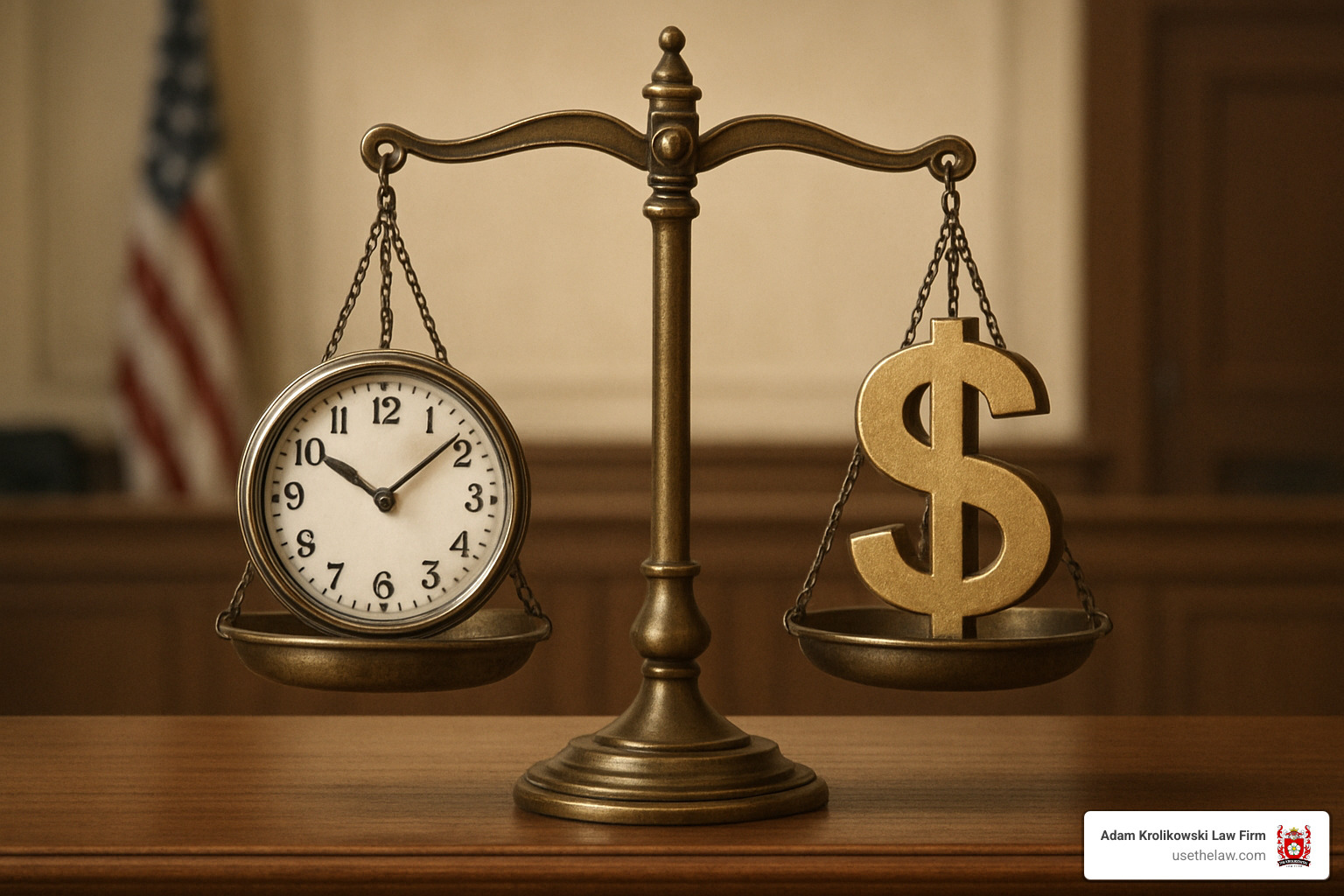 scales balancing clock and dollar sign - bike accident lawyer near me