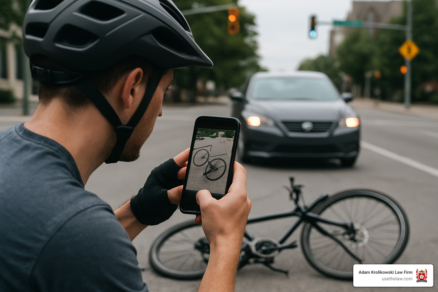 smartphone documenting bicycle accident scene - bike accident lawyer near me