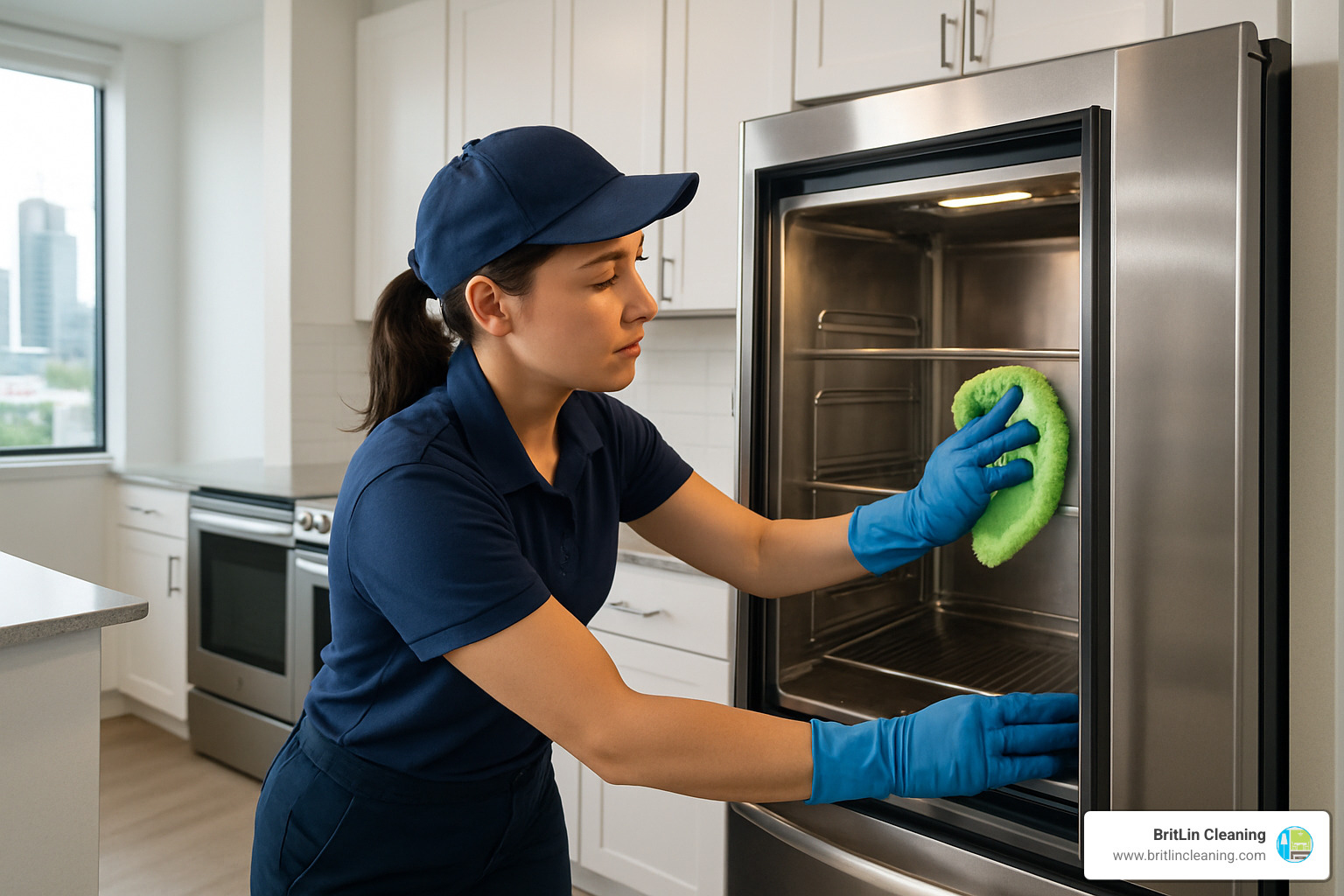 professional cleaner scrubbing kitchen appliances during move out cleaning - move out cleaning austin tx