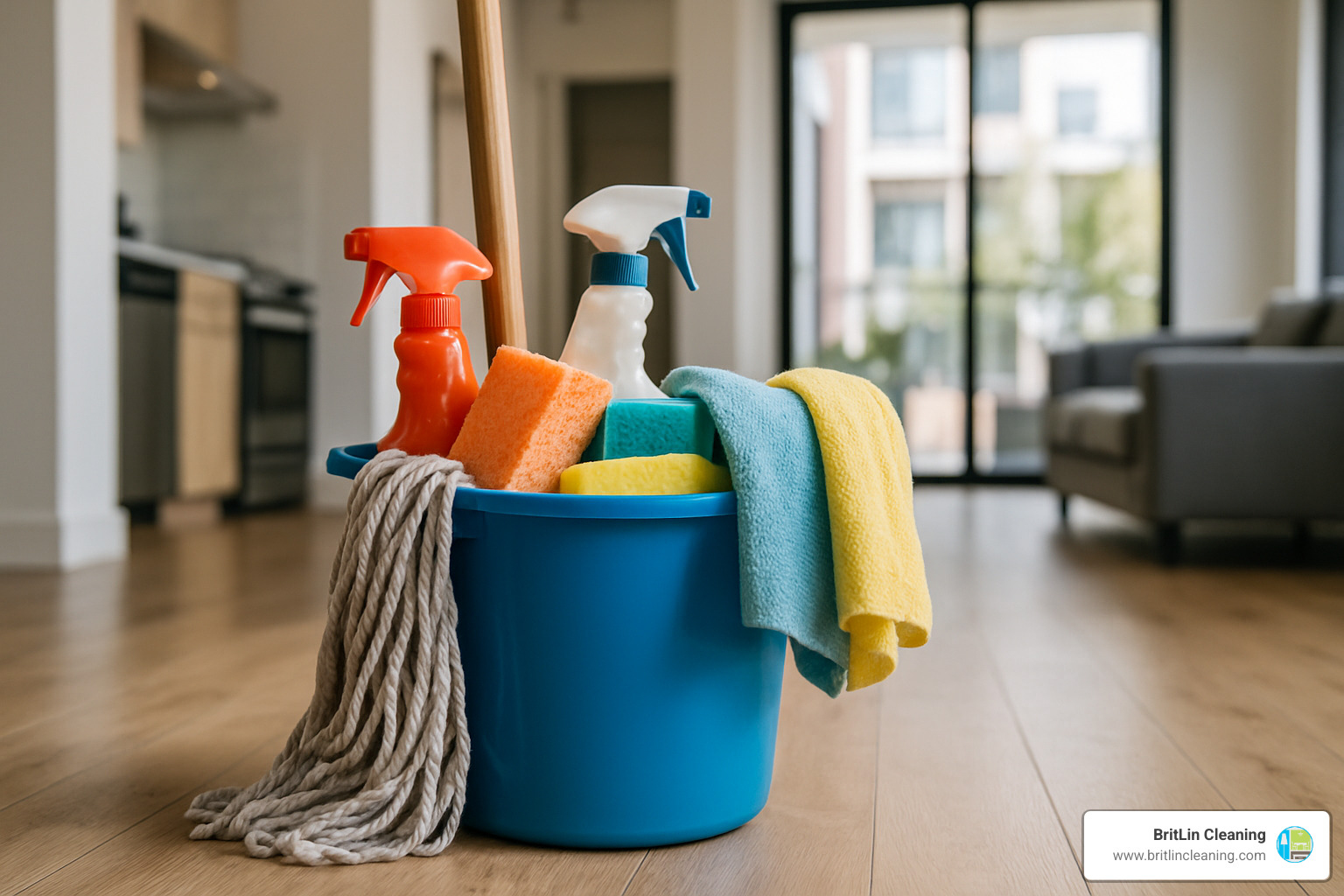 DIY cleaning supplies bucket with mop and spray bottles - move out cleaning austin tx