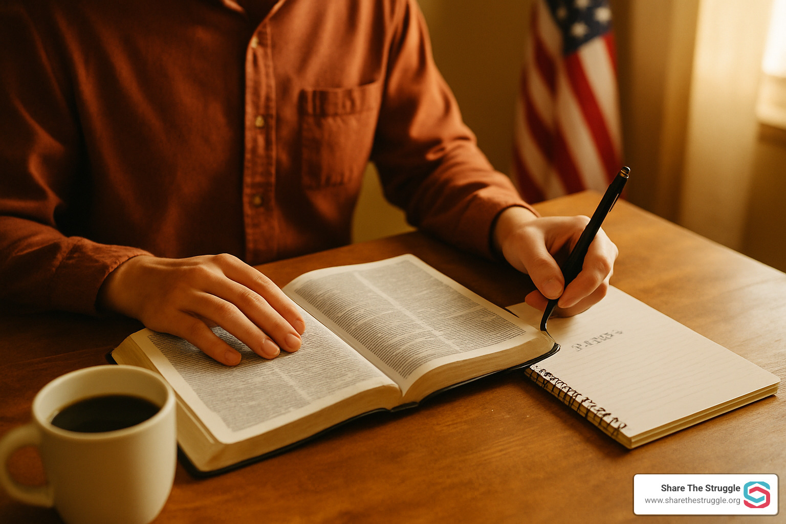 person studying Bible with notebook and pen - bible verses about being responsible