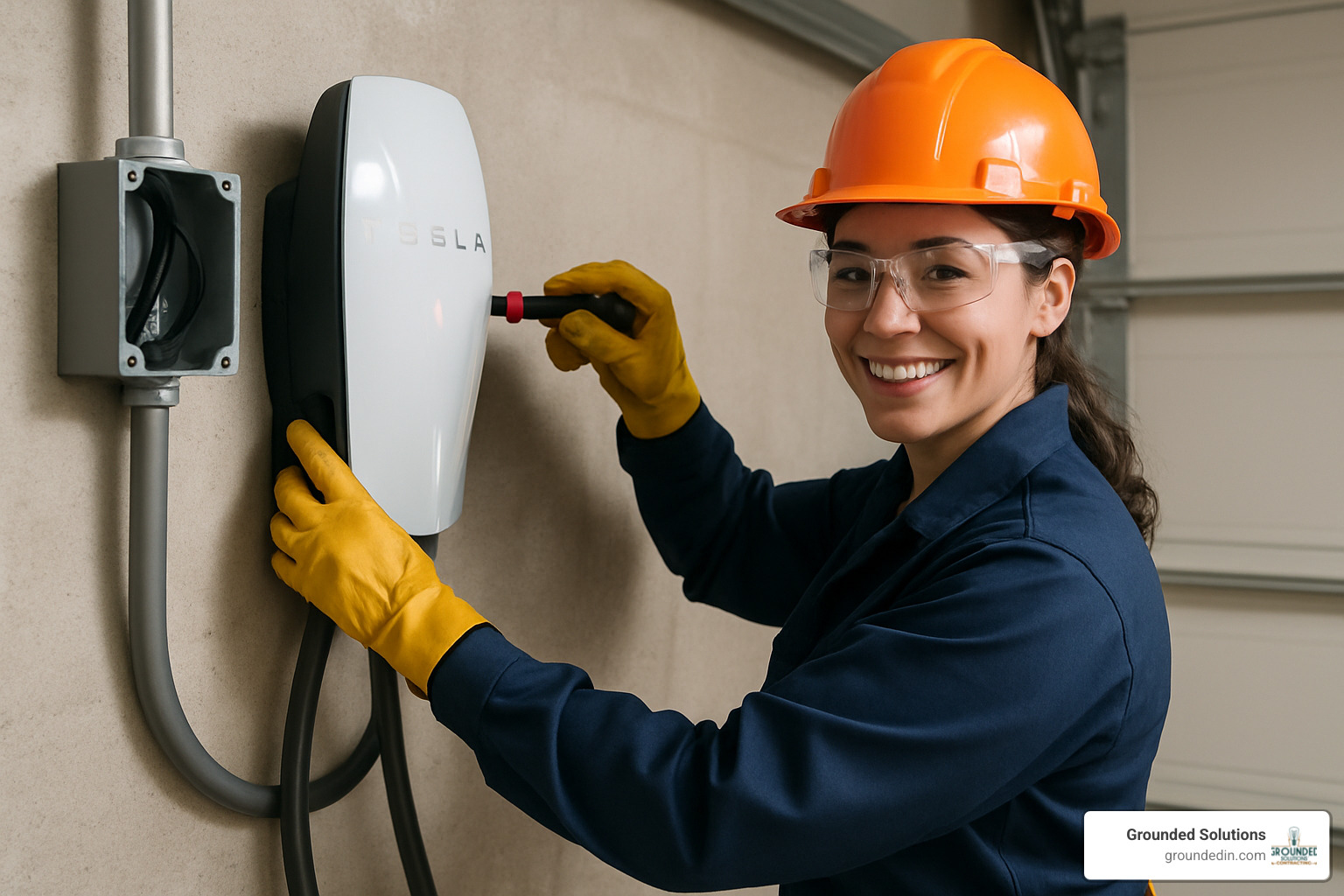 have a woman installing a tesla charger - Electrician for Tesla charger