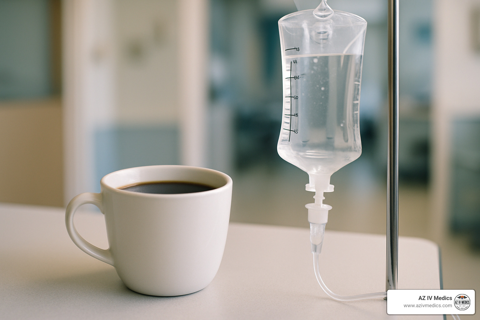 Coffee cup next to IV drip bag - iv treatment for energy