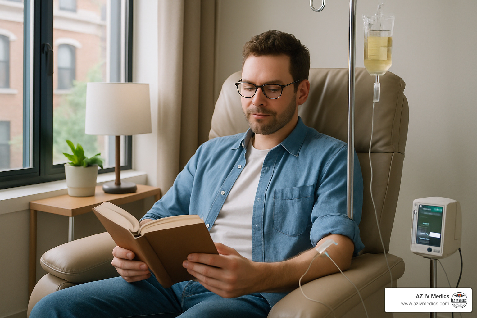 Person receiving IV therapy while reading a book - iv treatment for energy