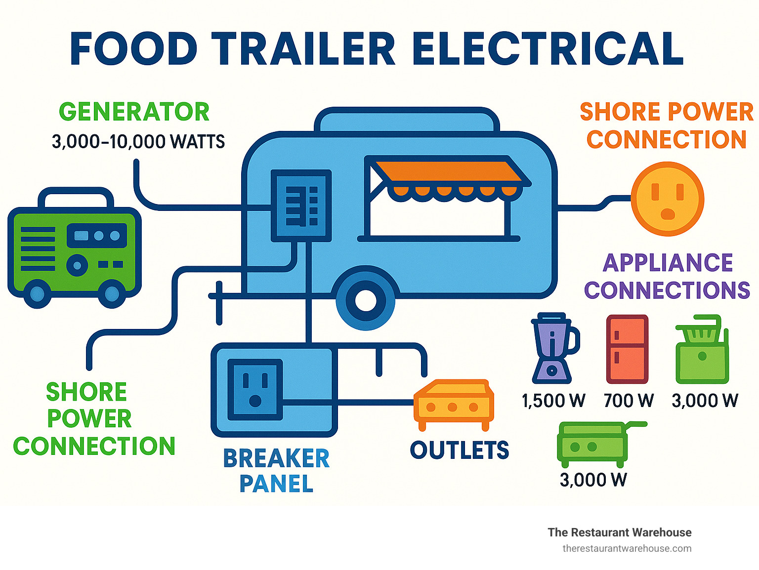 Diagram of food trailer electrical components and power requirements