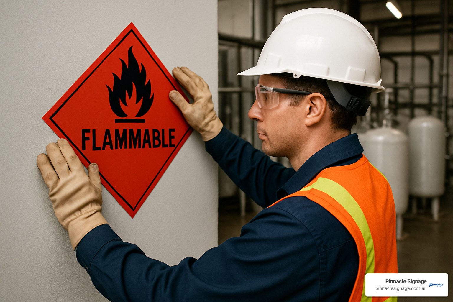 technician installing flammable warning sign - flammable warning signs