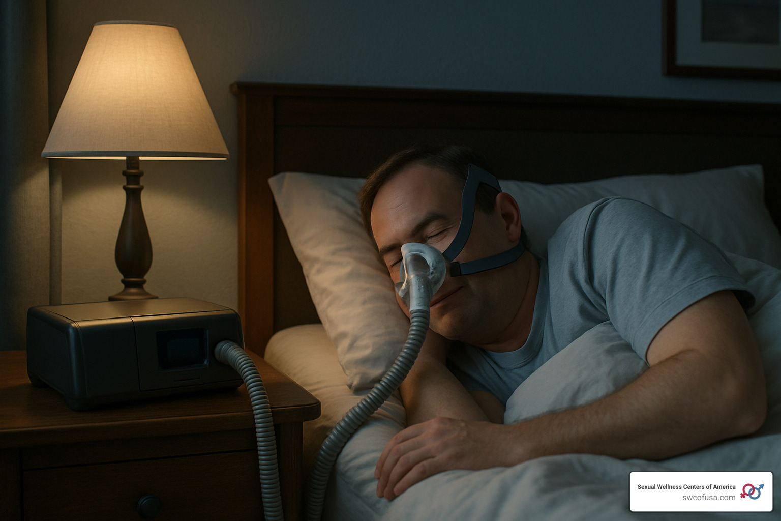 person sleeping peacefully with CPAP machine - sleep apnea symptoms