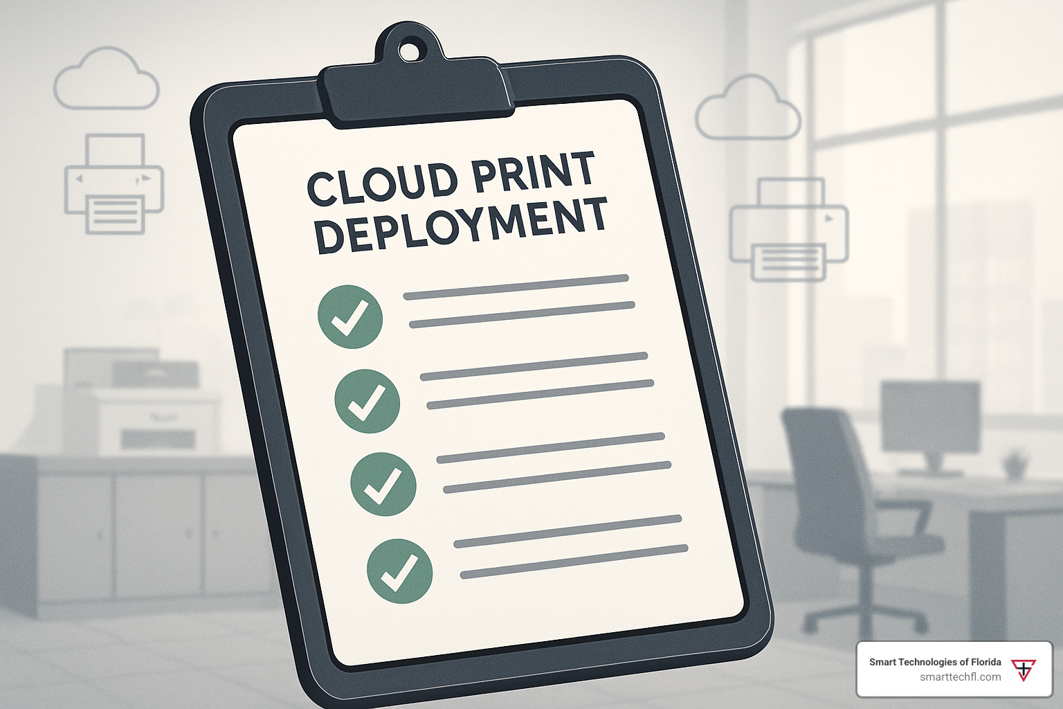 checklist for cloud print deployment with checkmarks on key items - cloud based printing