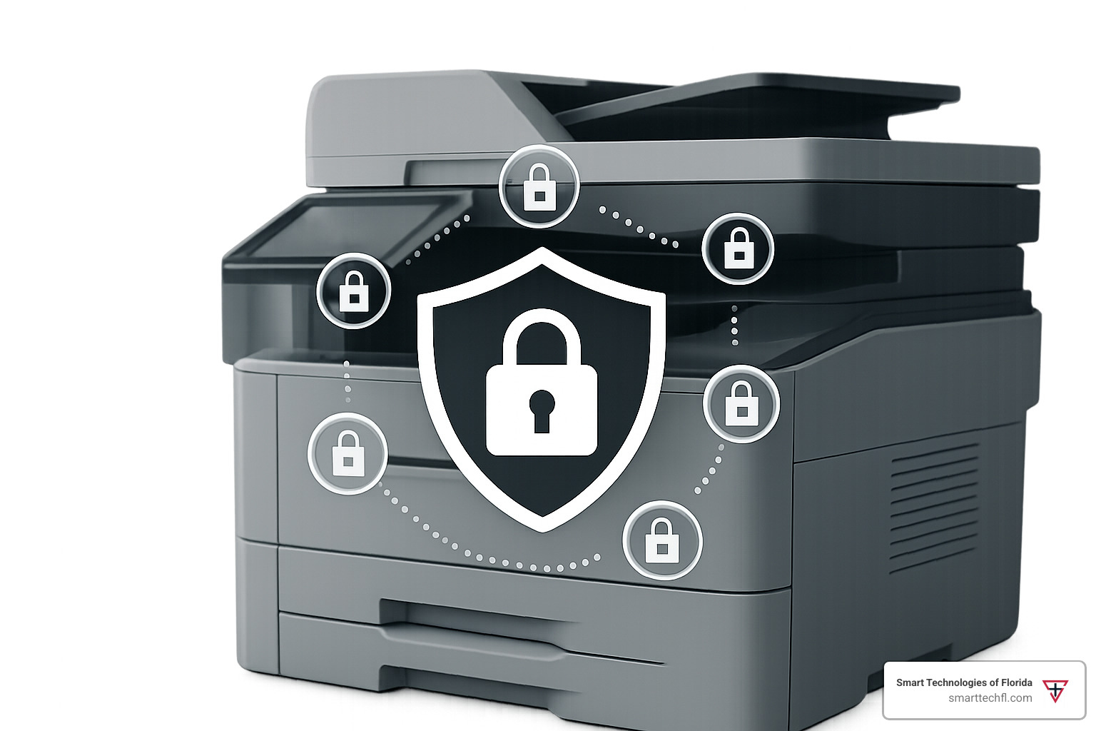security shield icon over a printer with lock symbols representing data protection - cloud based printing