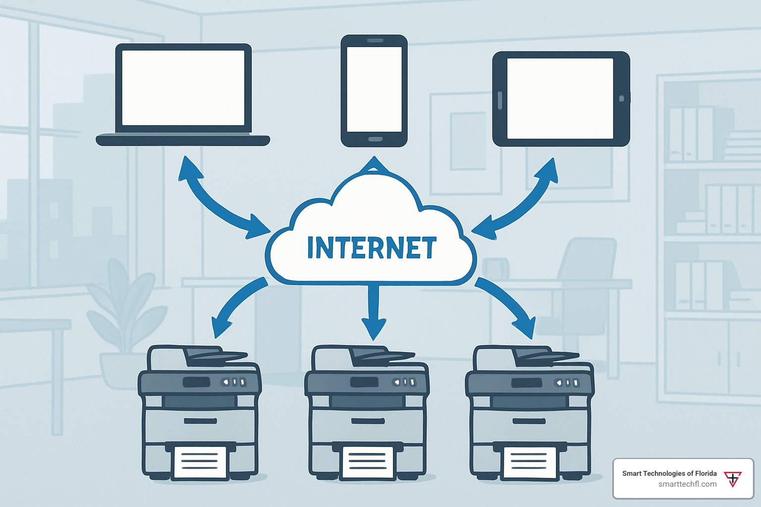 diagram showing how cloud printing works with devices connecting to cloud service and then to printers - cloud based printing