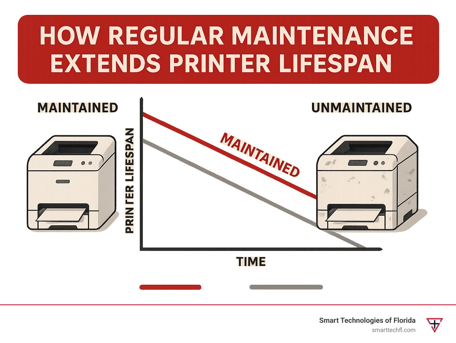 Infographic showing how regular maintenance extends printer lifespan, comparing maintained vs. unmaintained printers over time - laser printer maintenance kit infographic 