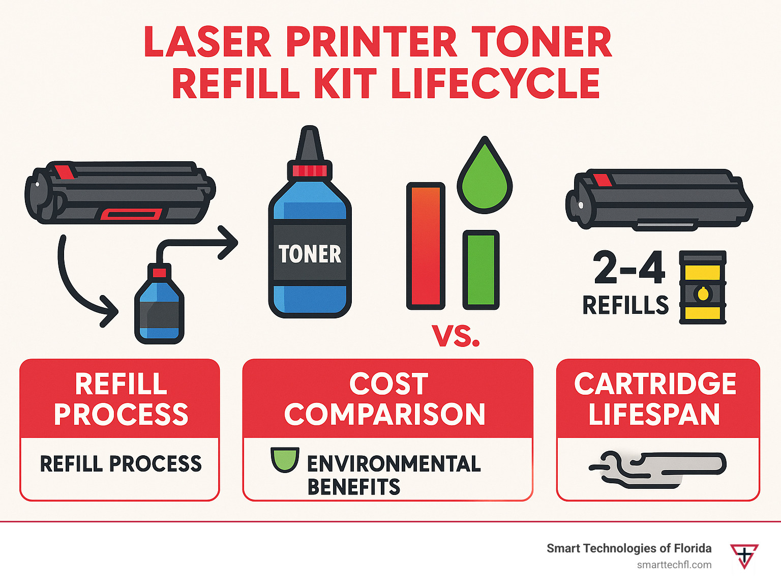 Laser printer toner refill kit lifecycle showing the refill process, cost comparison with new cartridges, environmental benefits including oil saved, and typical cartridge lifespan of 2-4 refills - laser printer toner refill kit infographic 