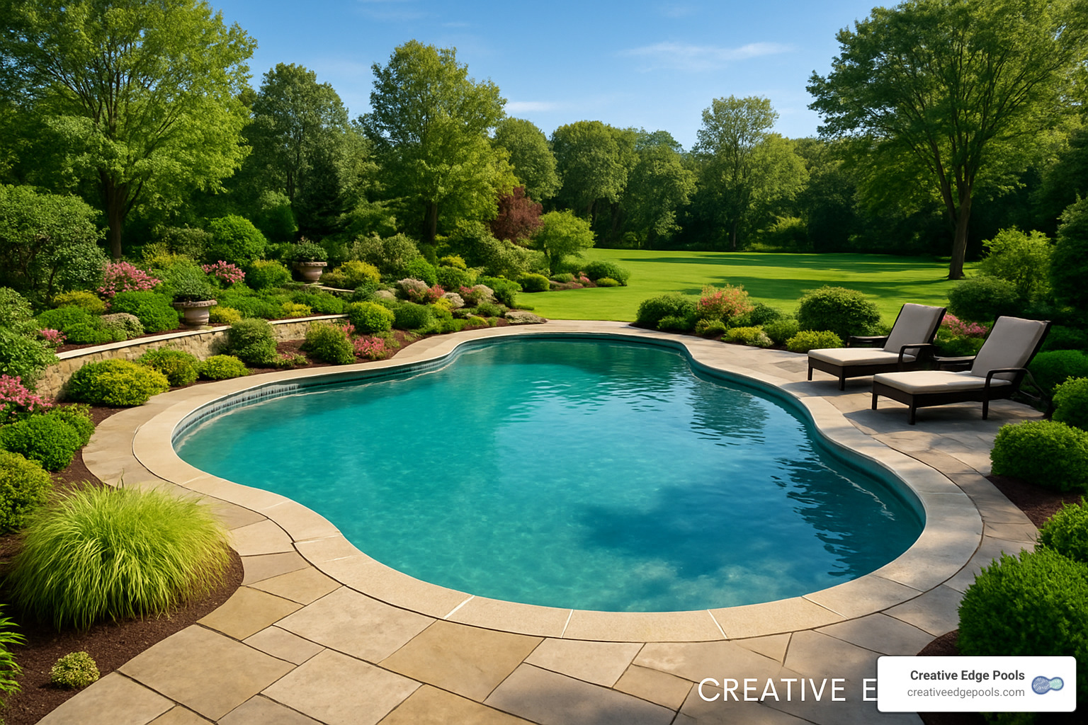 Beautiful custom gunite pool with landscaping by Creative Edge Pools - pool cost calculator