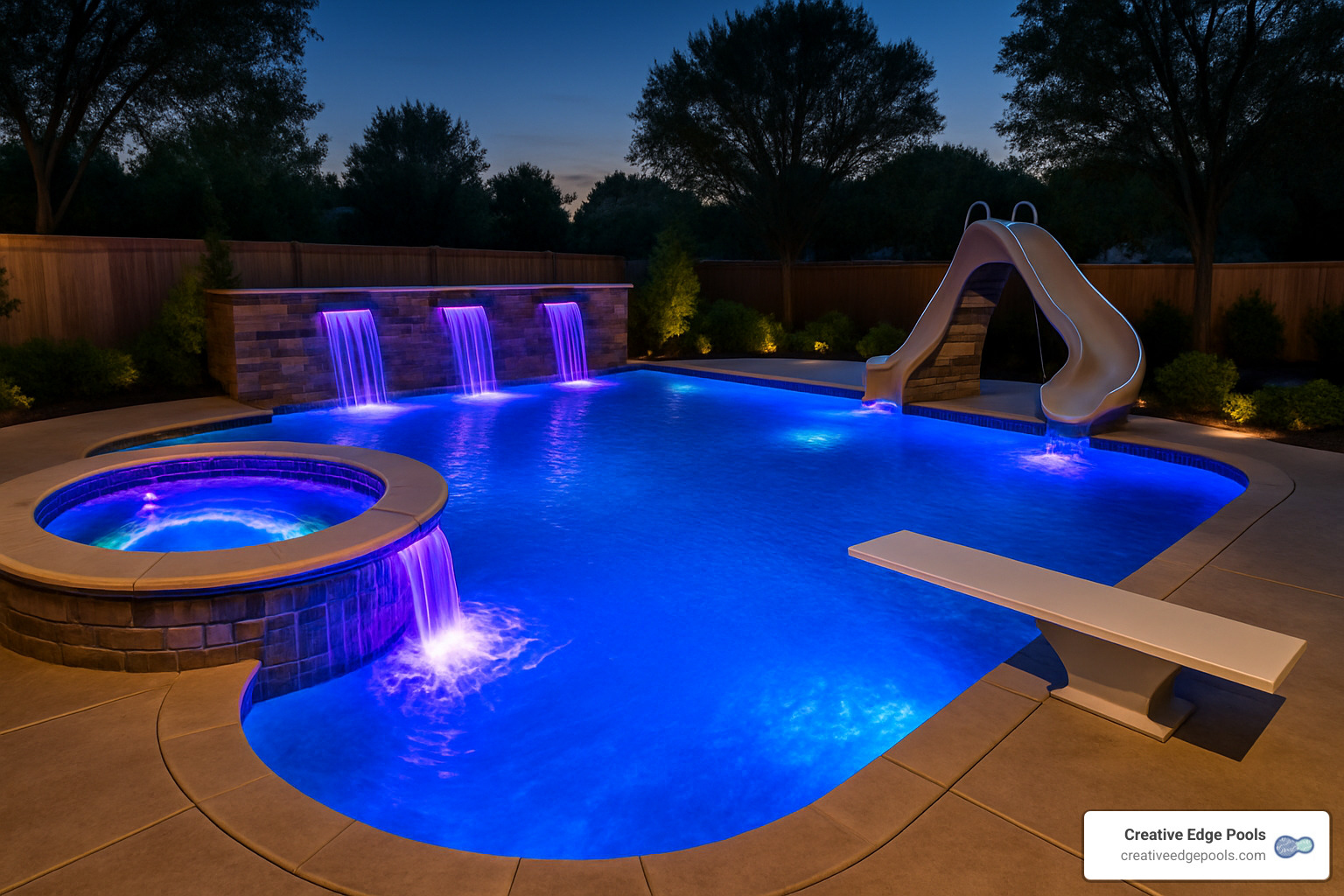 Swimming pool with various upgrade features like waterfalls and lighting - pool cost calculator