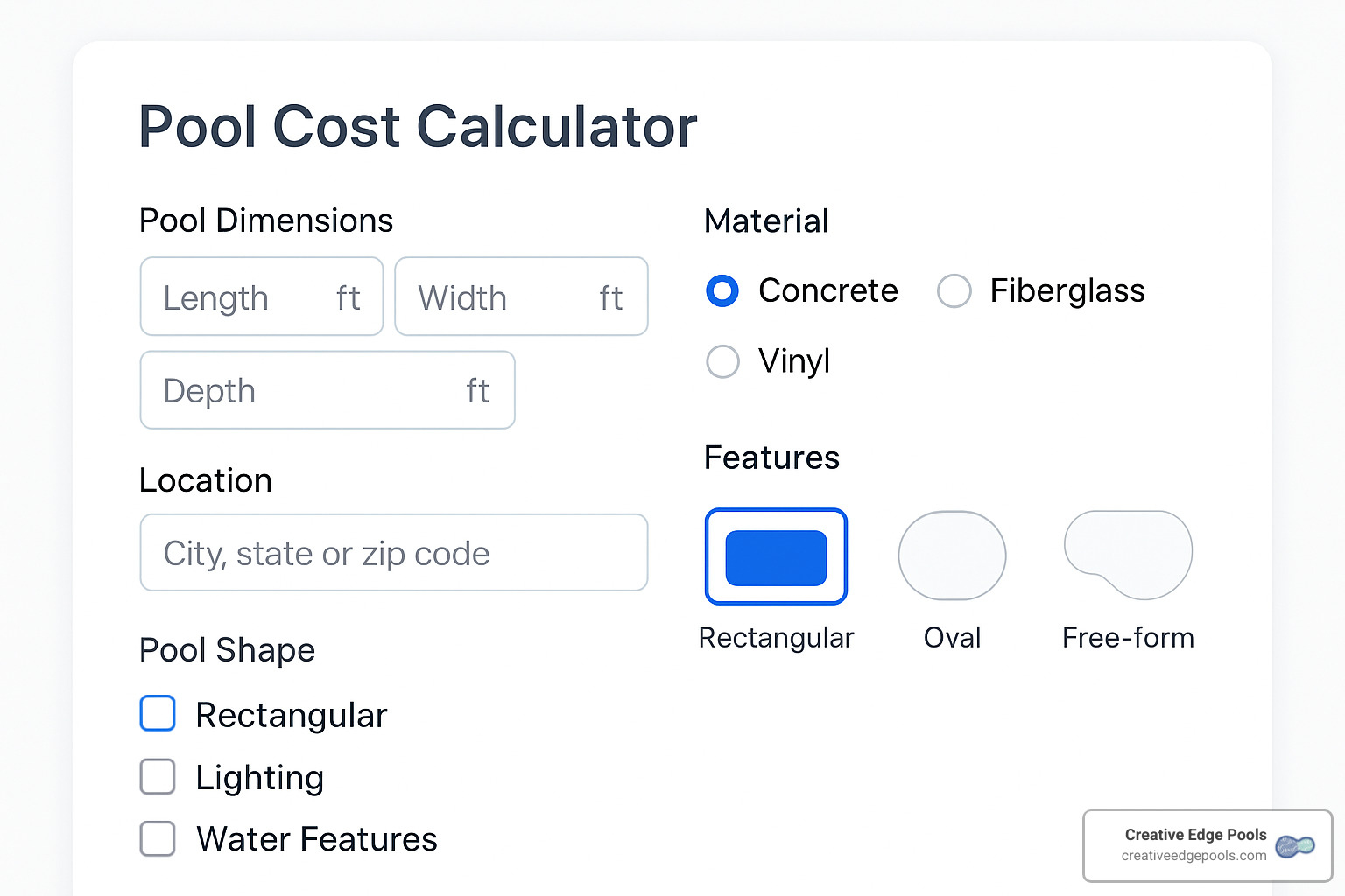 Pool cost calculator interface showing input fields for dimensions, materials, and features - pool cost calculator