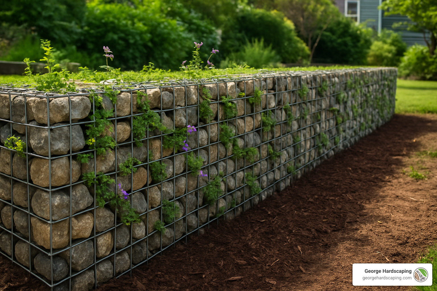 gabion wall with plants growing between stones - Affordable retaining wall solutions