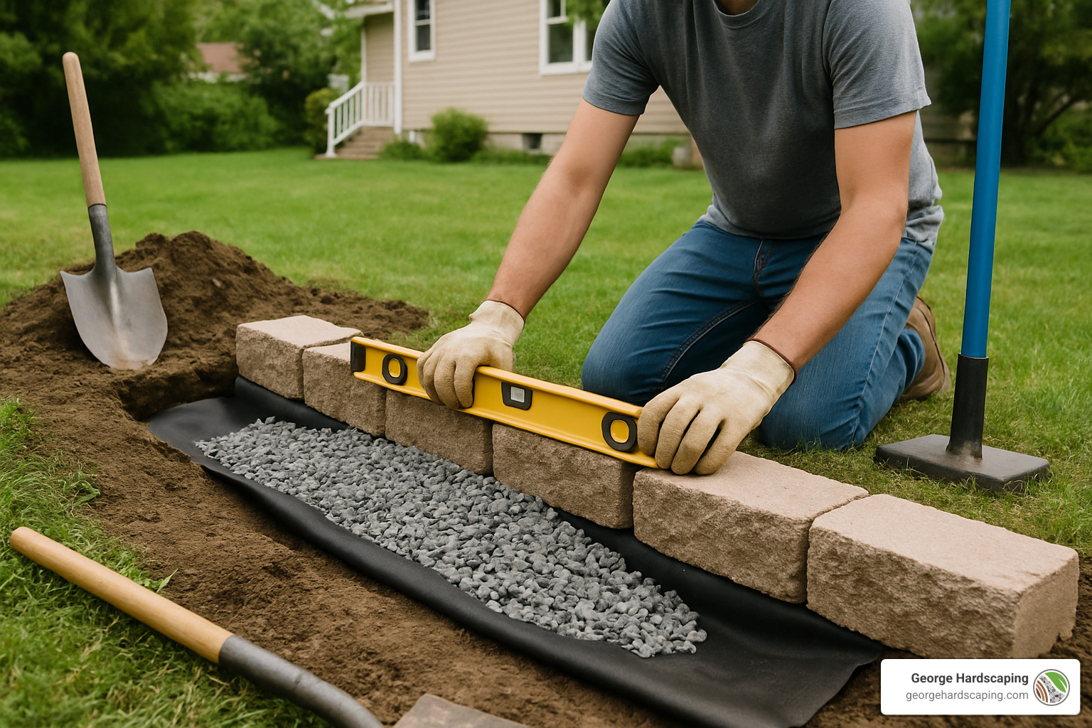 DIY retaining wall construction in progress showing base preparation - Affordable retaining wall solutions