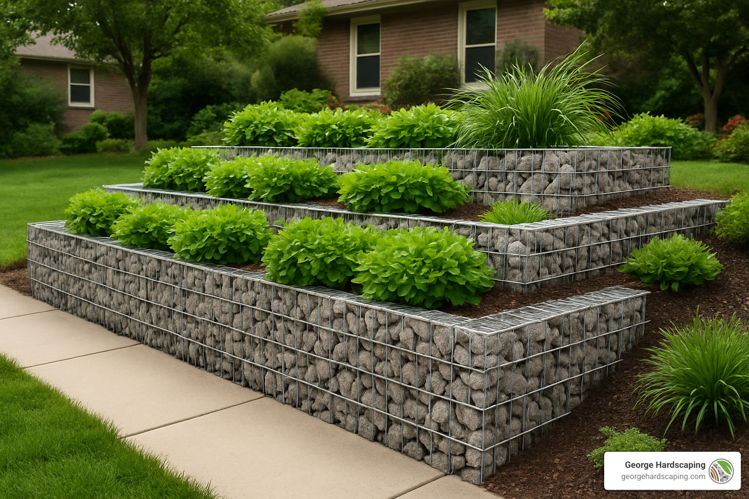 tiered gabion retaining wall with integrated planters - Affordable retaining wall solutions