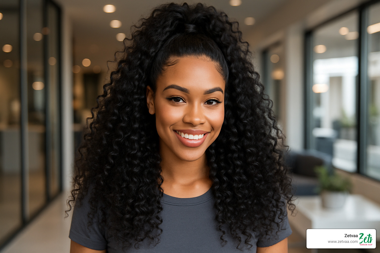 woman with beautiful curly hair extensions styled in a half-up half-down style - Curly Human Hair