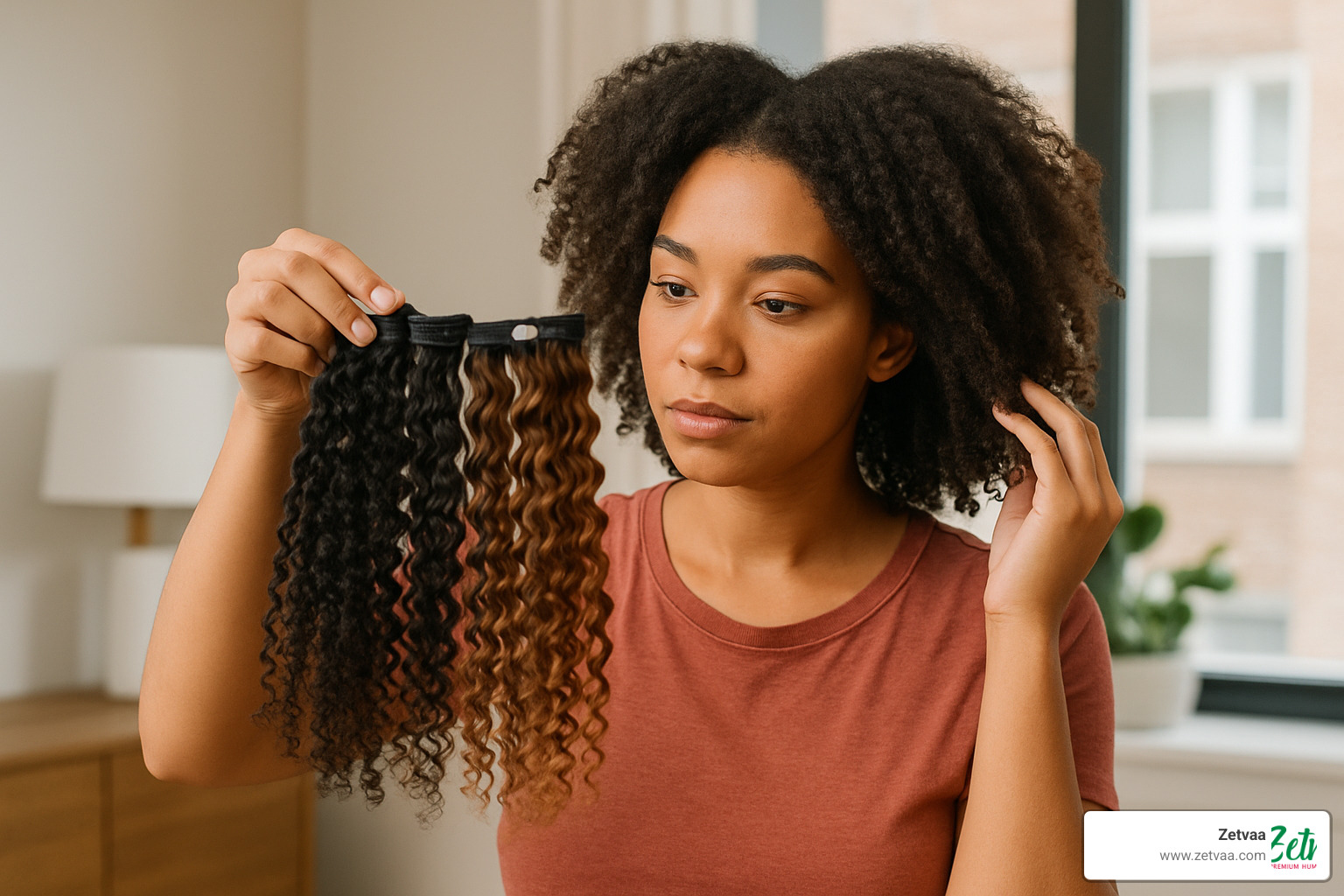 woman comparing different curly hair extension samples to her natural hair - Curly Human Hair