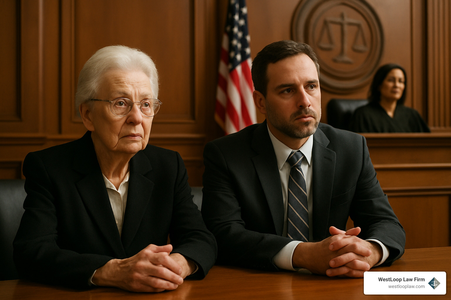 elderly person in courtroom with attorney - assisted living abuse lawyer