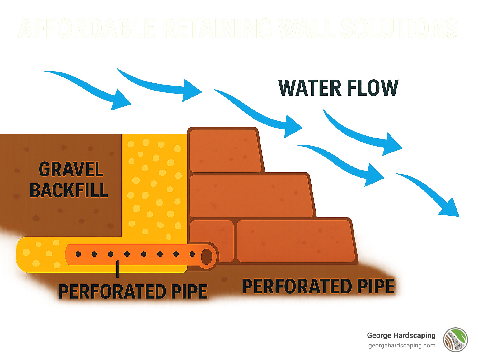 Diagram showing proper drainage installation for a retaining wall including perforated pipe, gravel backfill, and water flow patterns - Affordable retaining wall solutions infographic