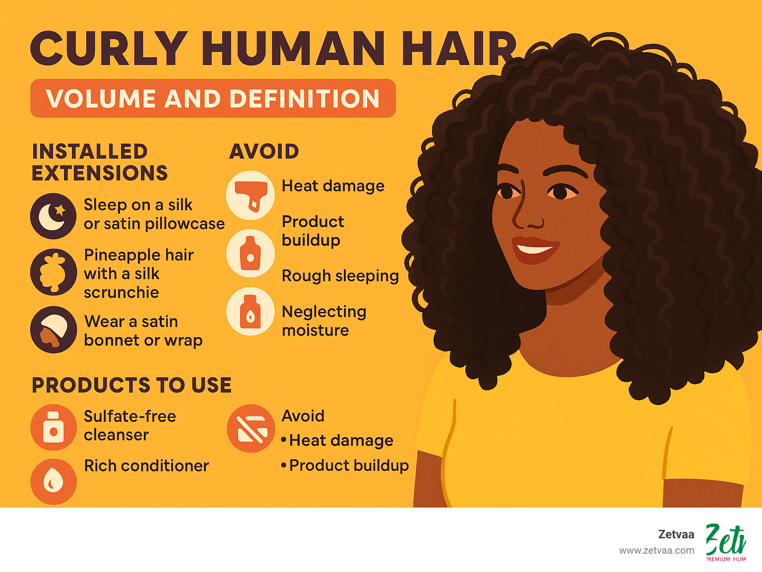 woman with gorgeous curly hair extensions showing volume and definition - Curly Human Hair infographic