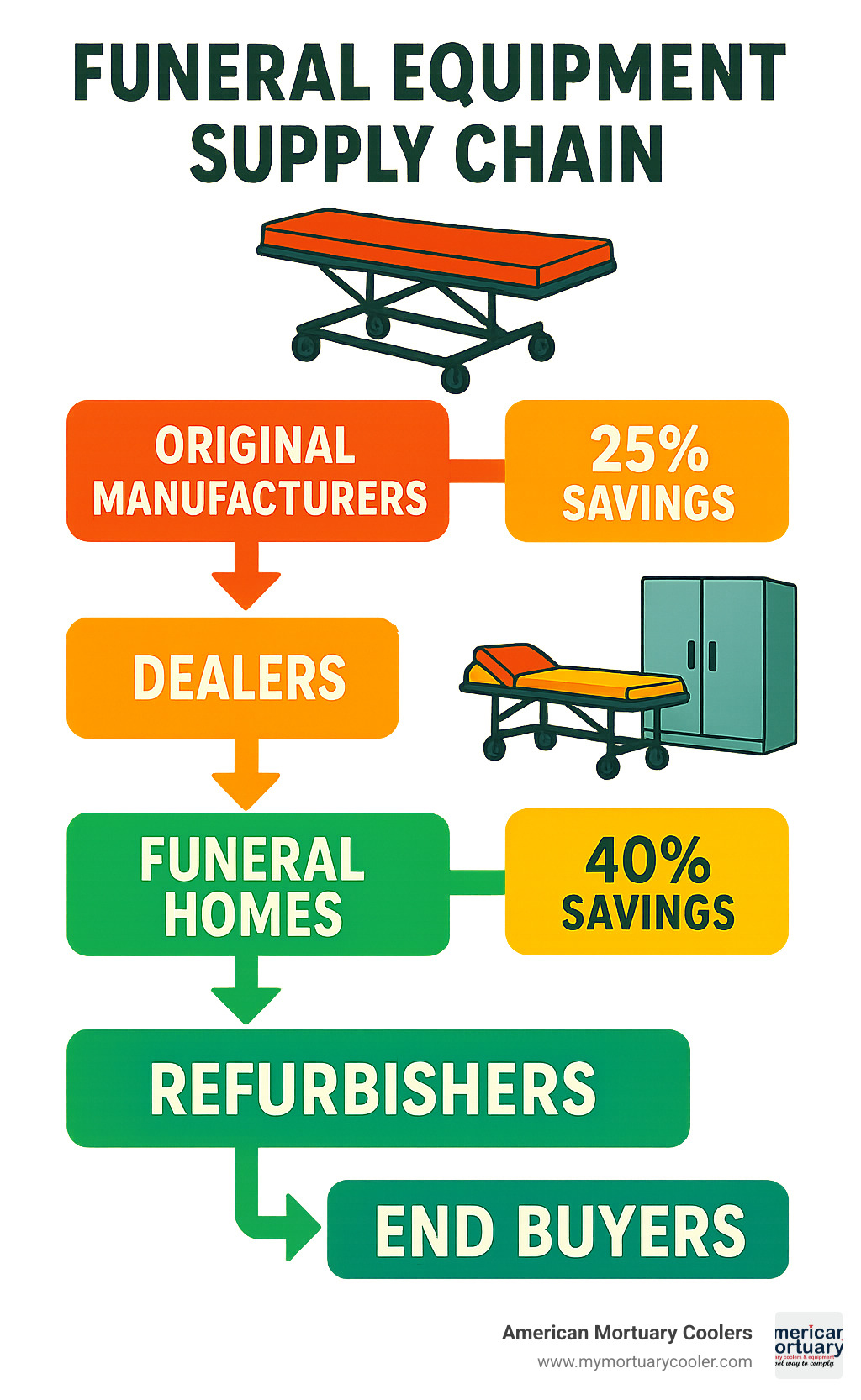 Funeral Equipment Supply Chain showing the flow of used equipment from original manufacturers through dealers, funeral homes, and refurbishers to end buyers, with average price savings at each stage - used funeral home equipment for sale infographic 