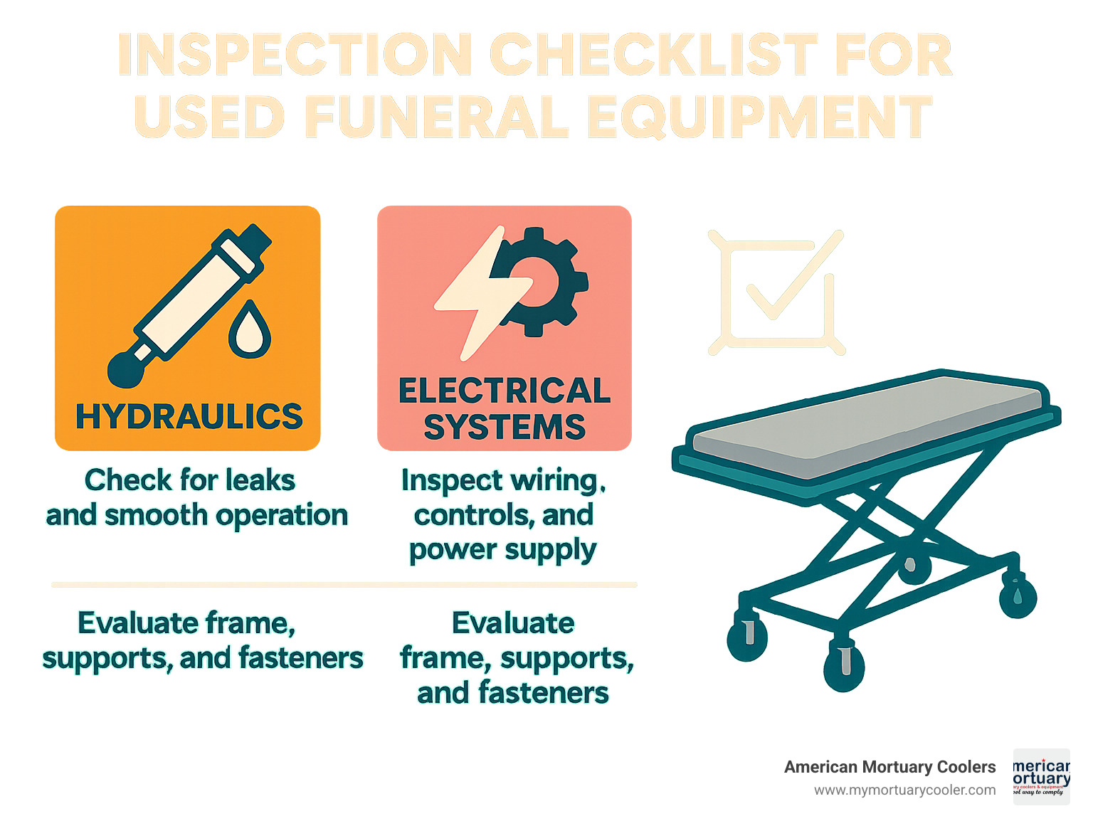 Inspection checklist for used funeral equipment showing key points to examine including hydraulics, electrical systems, and structural integrity - used funeral home equipment for sale infographic