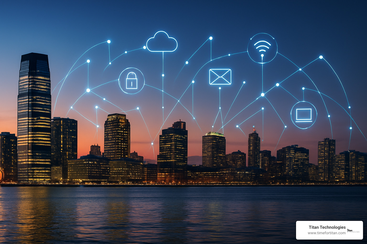 New Jersey business skyline with digital overlay representing IT infrastructure - it consulting nj
