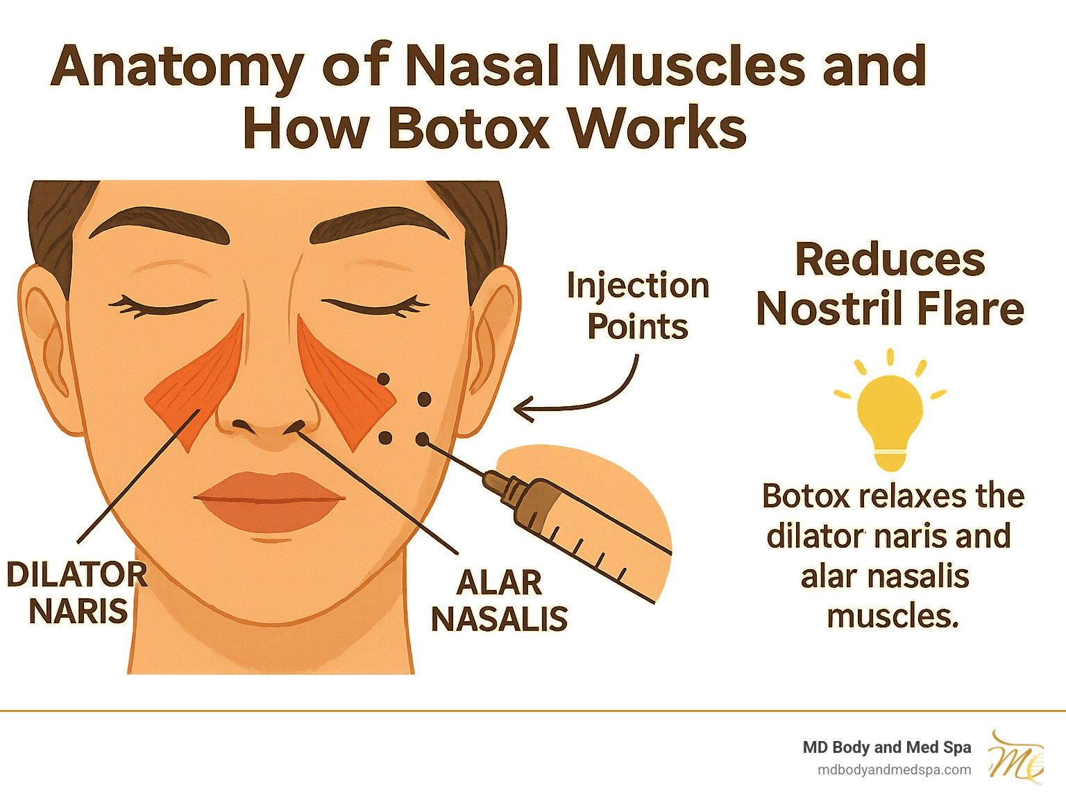 Anatomy of nasal muscles and how Botox works to reduce nostril flare, showing the dilator naris and alar nasalis muscles with injection points and the mechanism of action - botox for nose flare infographic 