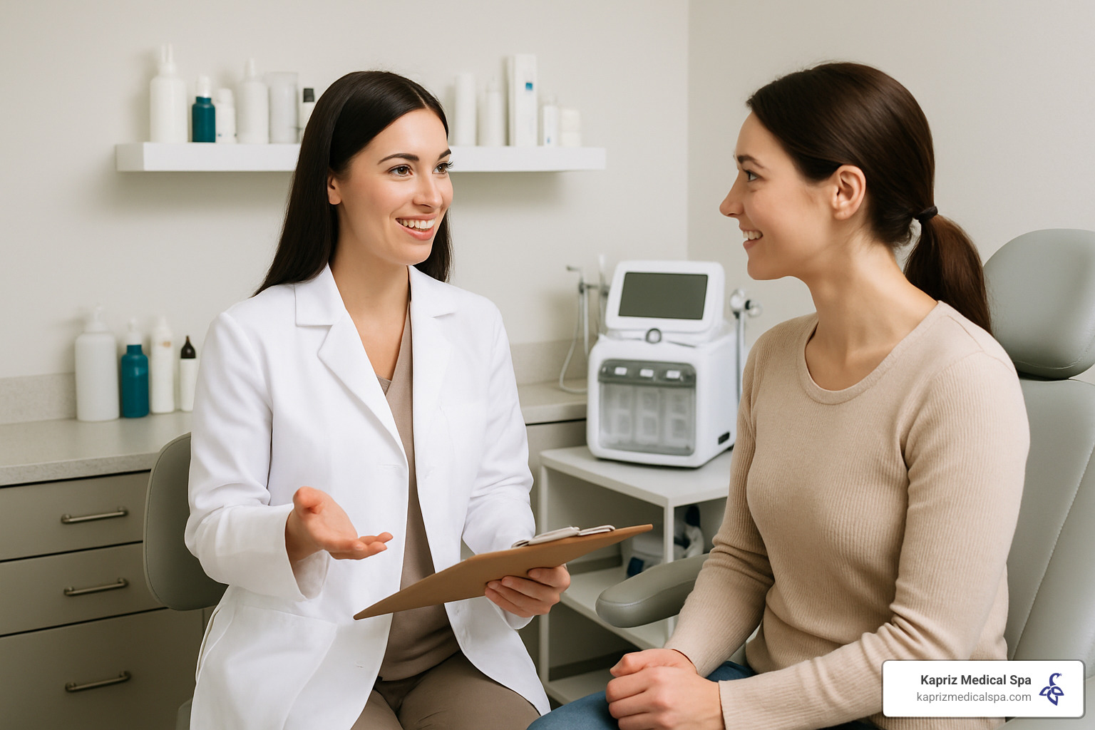 medical consultation room with aesthetician and client - Chemical peel near me