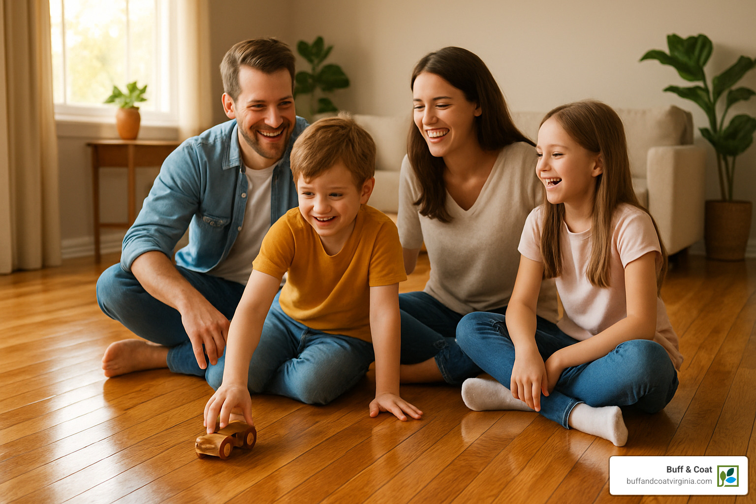 Happy family enjoying their newly refinished non-toxic hardwood floors - non toxic floor sanding