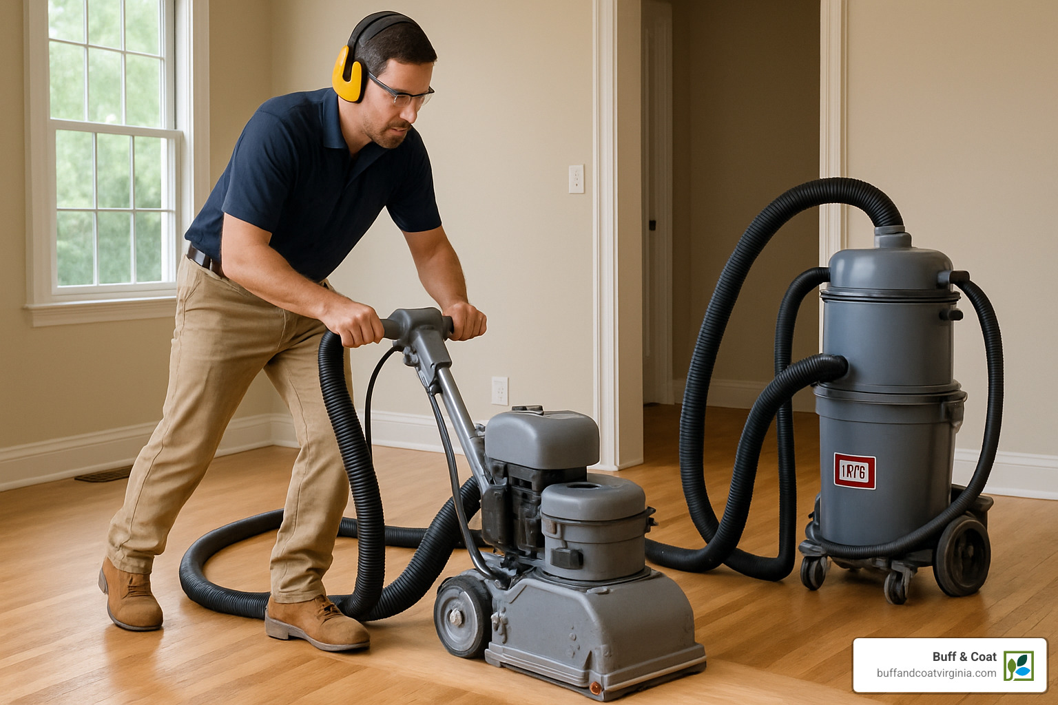 Dustless floor sanding in progress with containment system - non toxic floor sanding