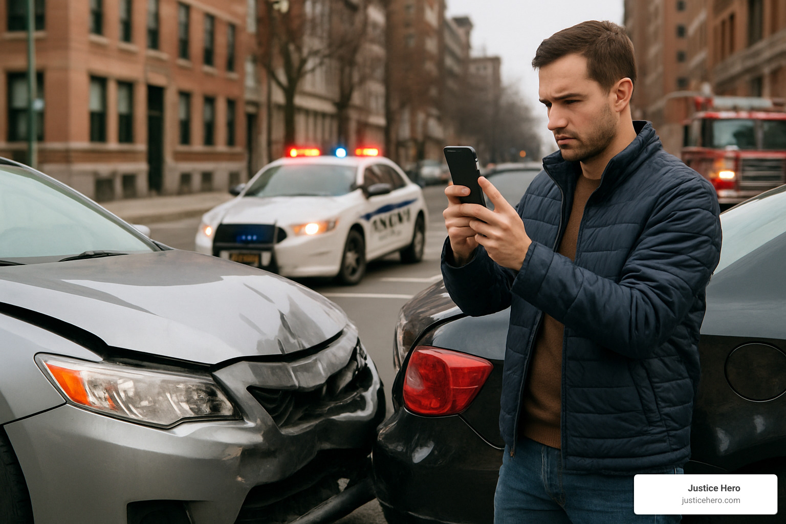 Person documenting car accident scene with smartphone - motor vehicle injury claim