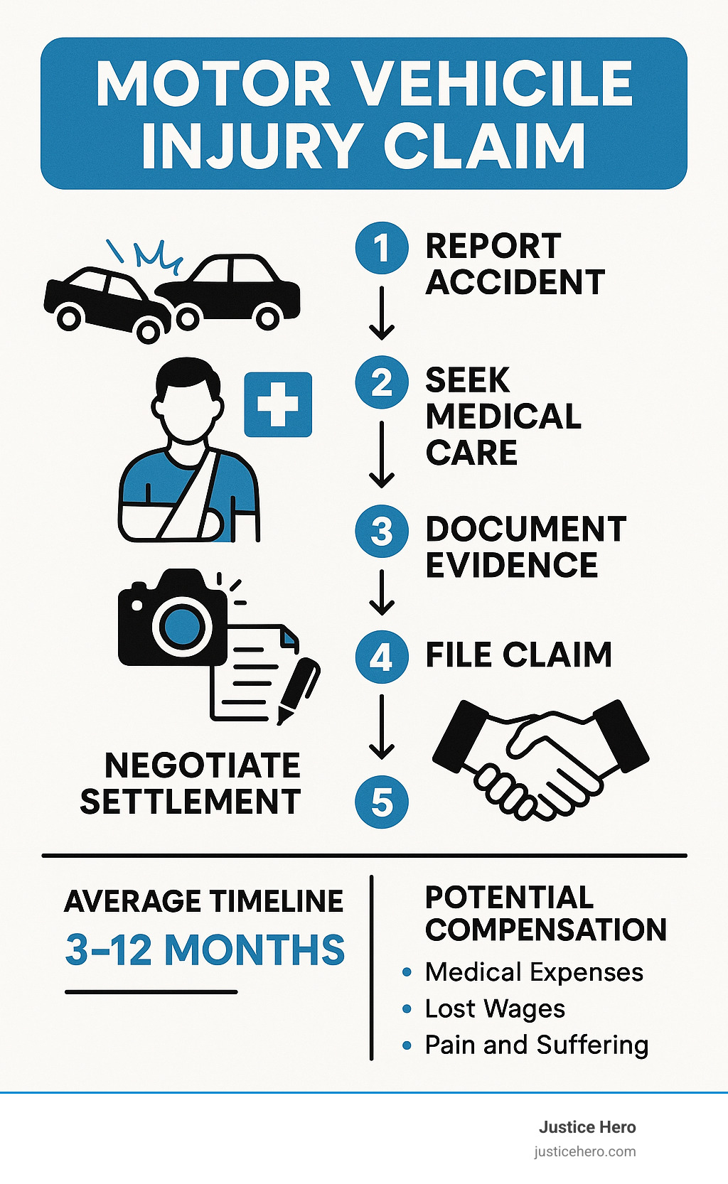 Motor vehicle injury claim process showing 5 steps: 1) Report accident 2) Seek medical care 3) Document evidence 4) File claim 5) Negotiate settlement, with average timeline of 3-12 months and potential compensation categories - motor vehicle injury claim infographic 