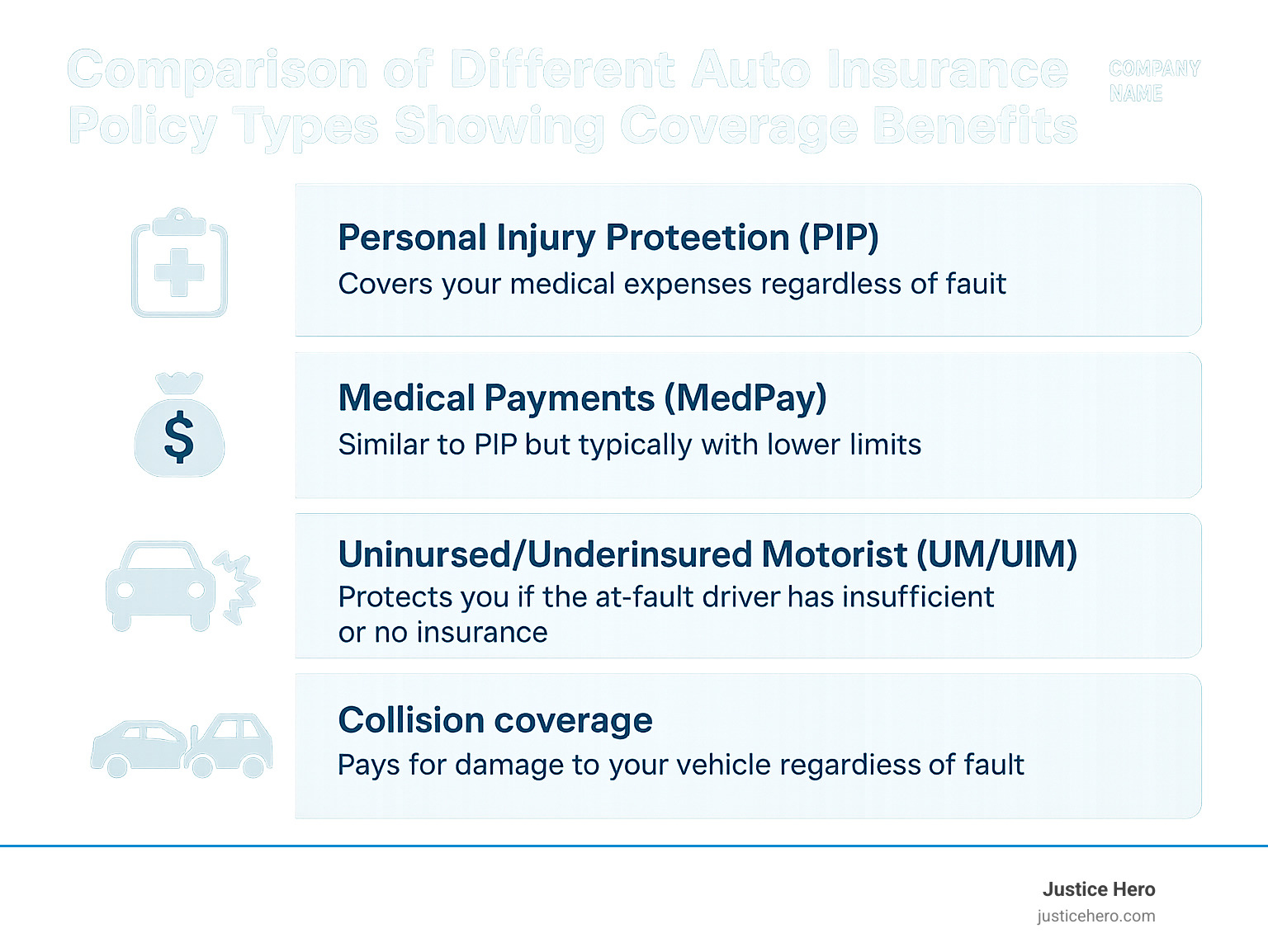 Comparison of different auto insurance policy types showing coverage benefits - motor vehicle injury claim infographic 