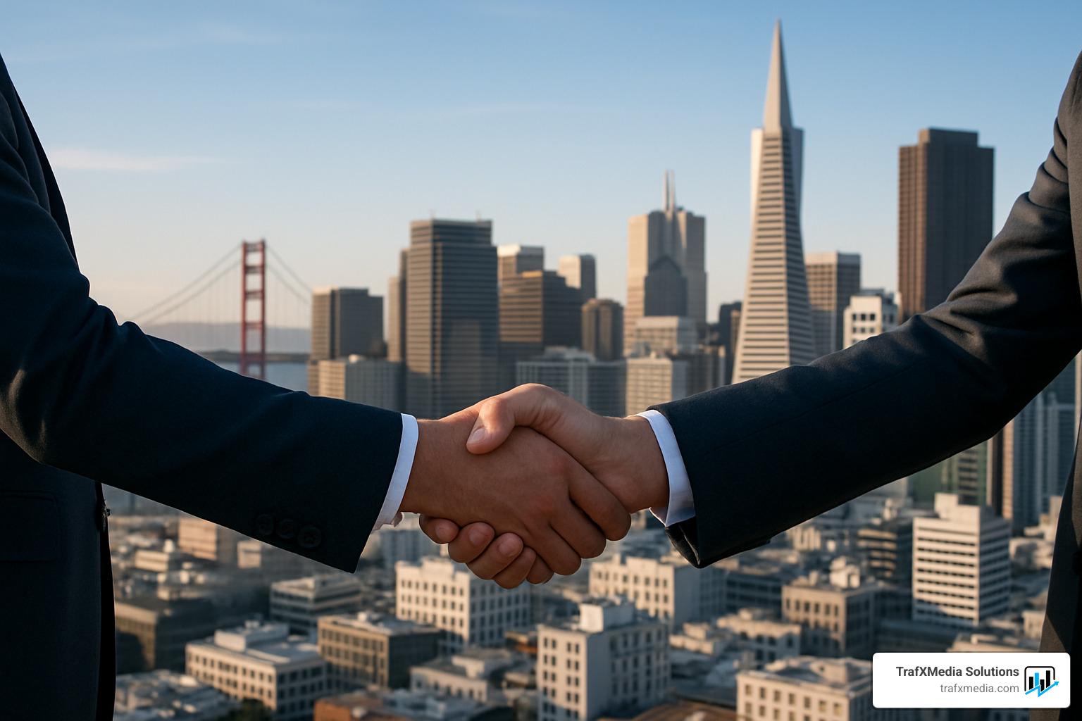 business handshake with san francisco skyline - digital marketing solutions san francisco