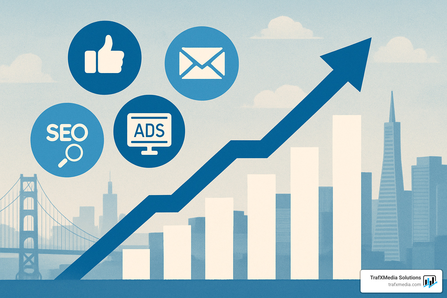 upward growth chart with digital marketing elements - digital marketing solutions san francisco