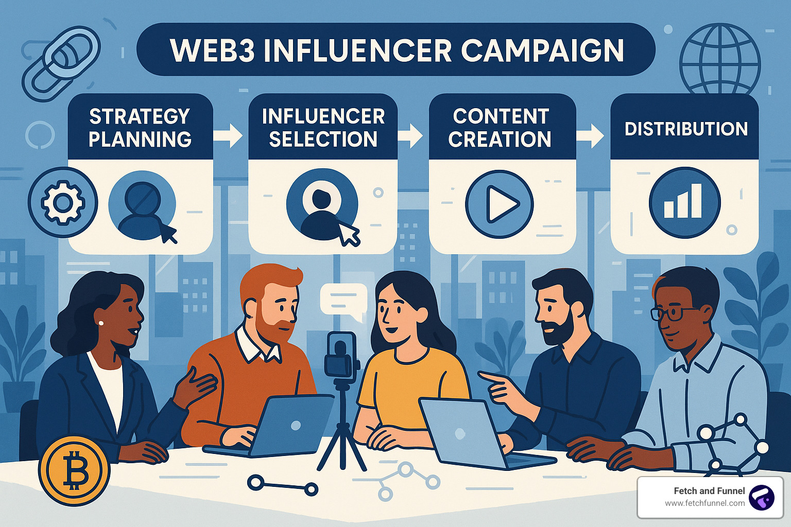 web3 influencer campaign workflow showing strategy, selection, content creation, distribution, and analytics - web3 influencer agency