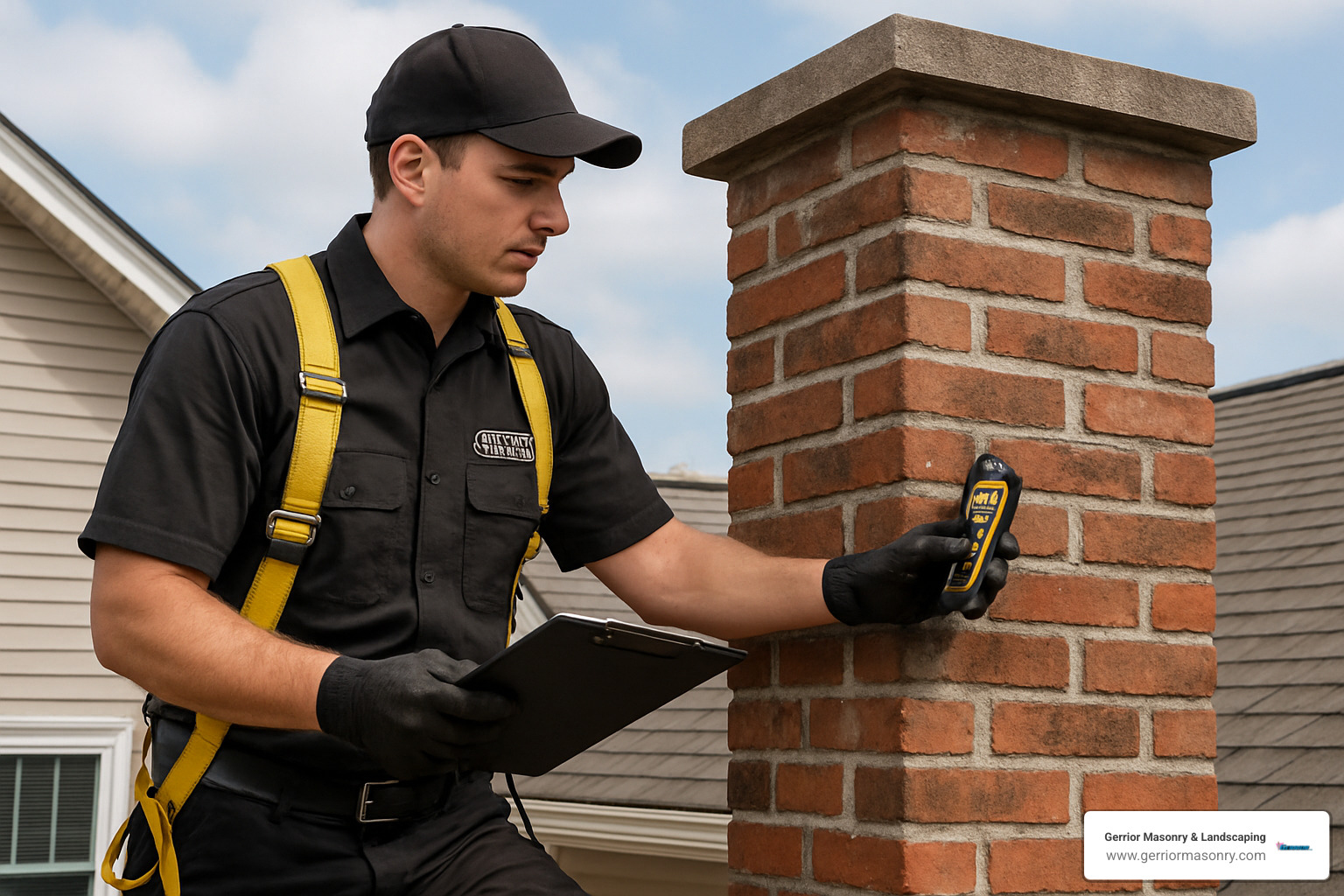 Certified chimney professional inspecting brick chimney for water damage - chimney waterproofing near me